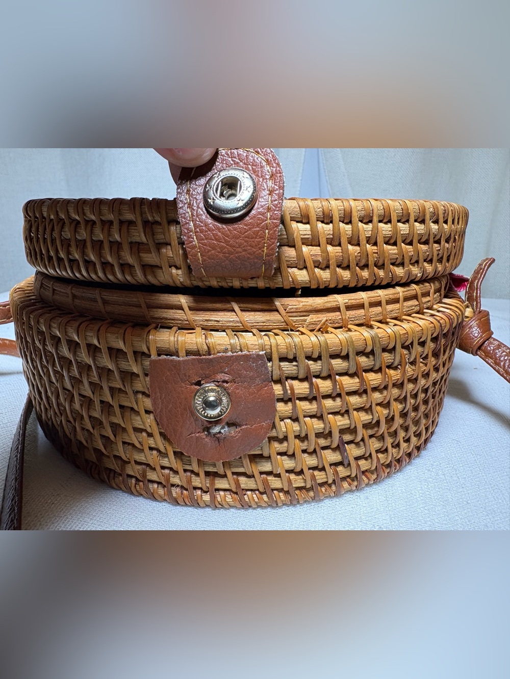 Round Woven Crossbody Bag in Tan - Picture 5 of 9